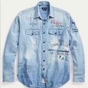 Polo Ralph Lauren Stenciled Chambray Ocean Rescue Navy Denim Shirt NWT Men’s XL
